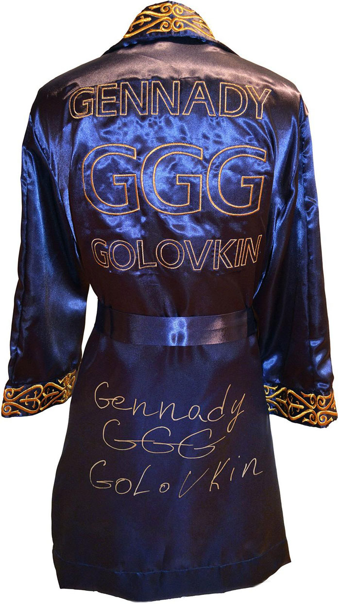 Gennady “GGG” Golovkin Signed Navy & Gold Boxing Robe and Fight Trunks