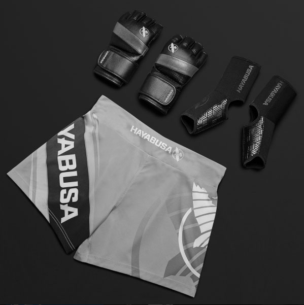 hayabusa-kickboxing-shorts-and-mma-gloves-grey