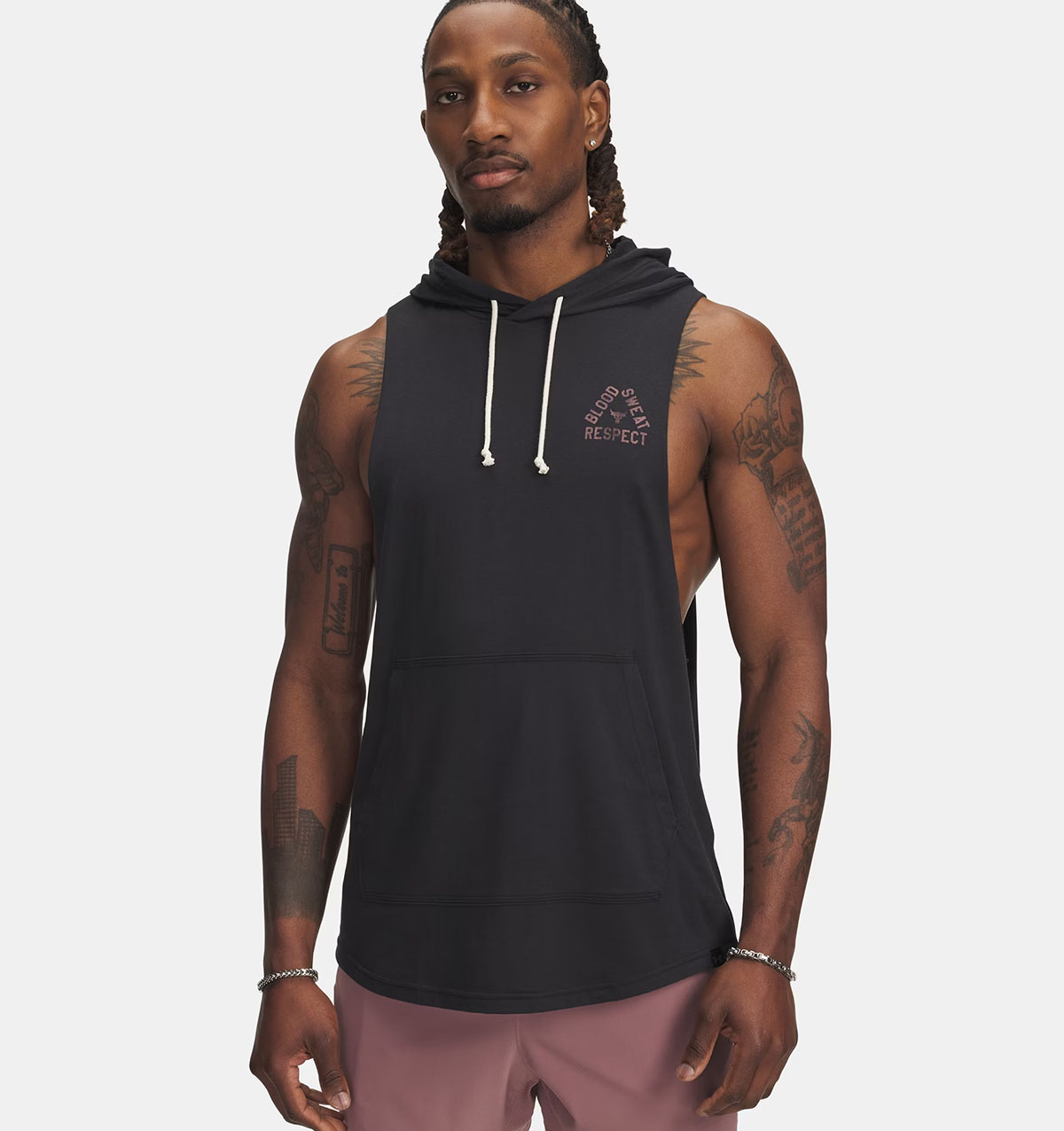 Project Rock Mens Sleeveless Hoodie Black Maroon Mist 1