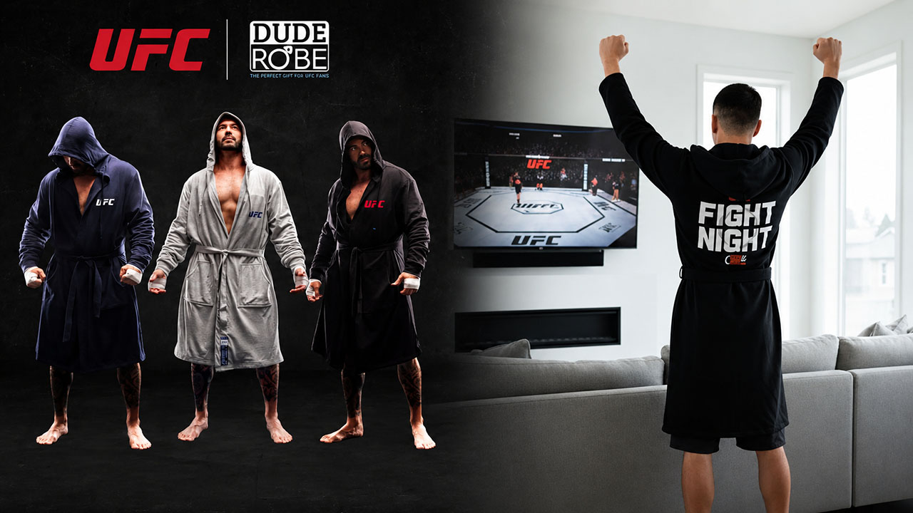 UFC DudeRobe fight night robe for UFC fans available in black, navy and grey colors