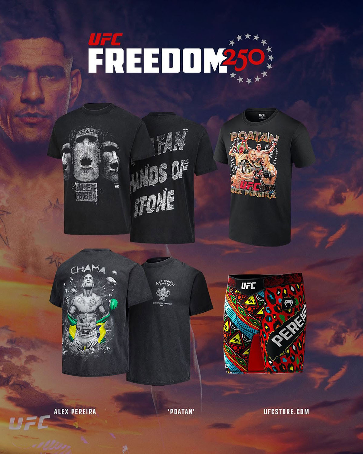 Alex Pereira UFC FReedom 250 Apparel Collection Including Shirts and Fight Shorts