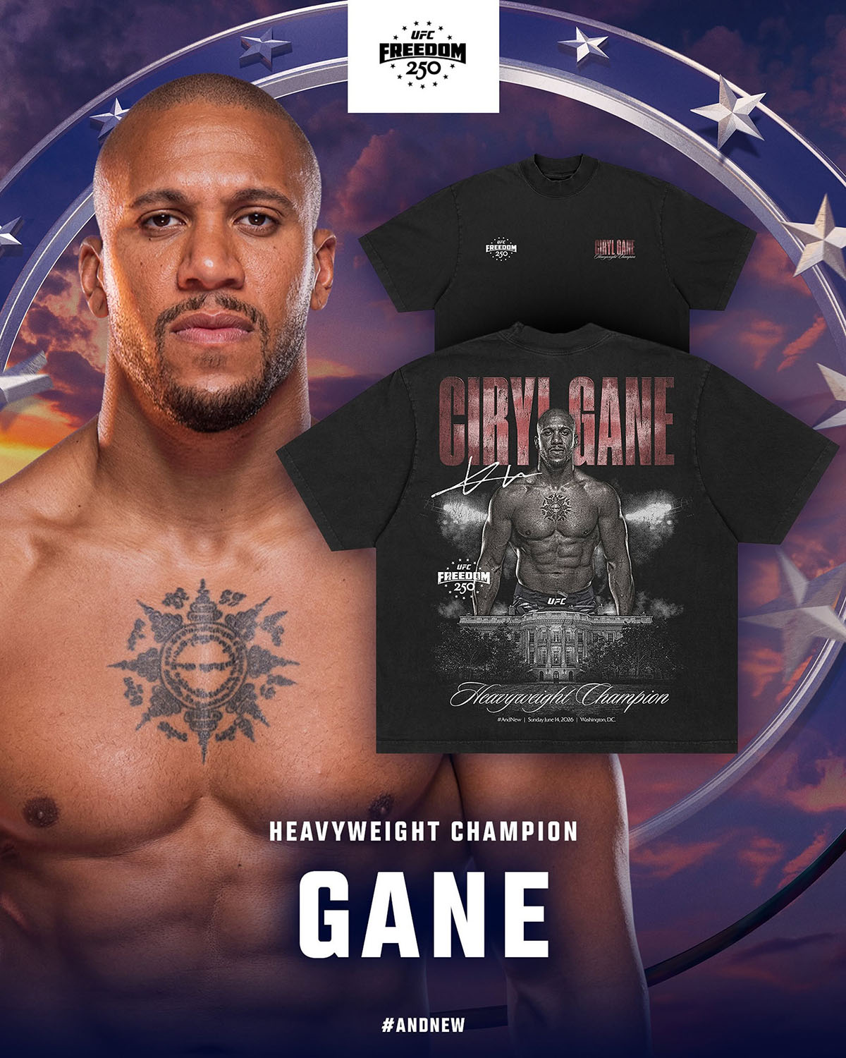 Ciryl Gane UFC Freedom 250 And New Men's Heavyweight Champion Boxy T-Shirt celebrating Gane's heavyweight title win over Alex Pereira