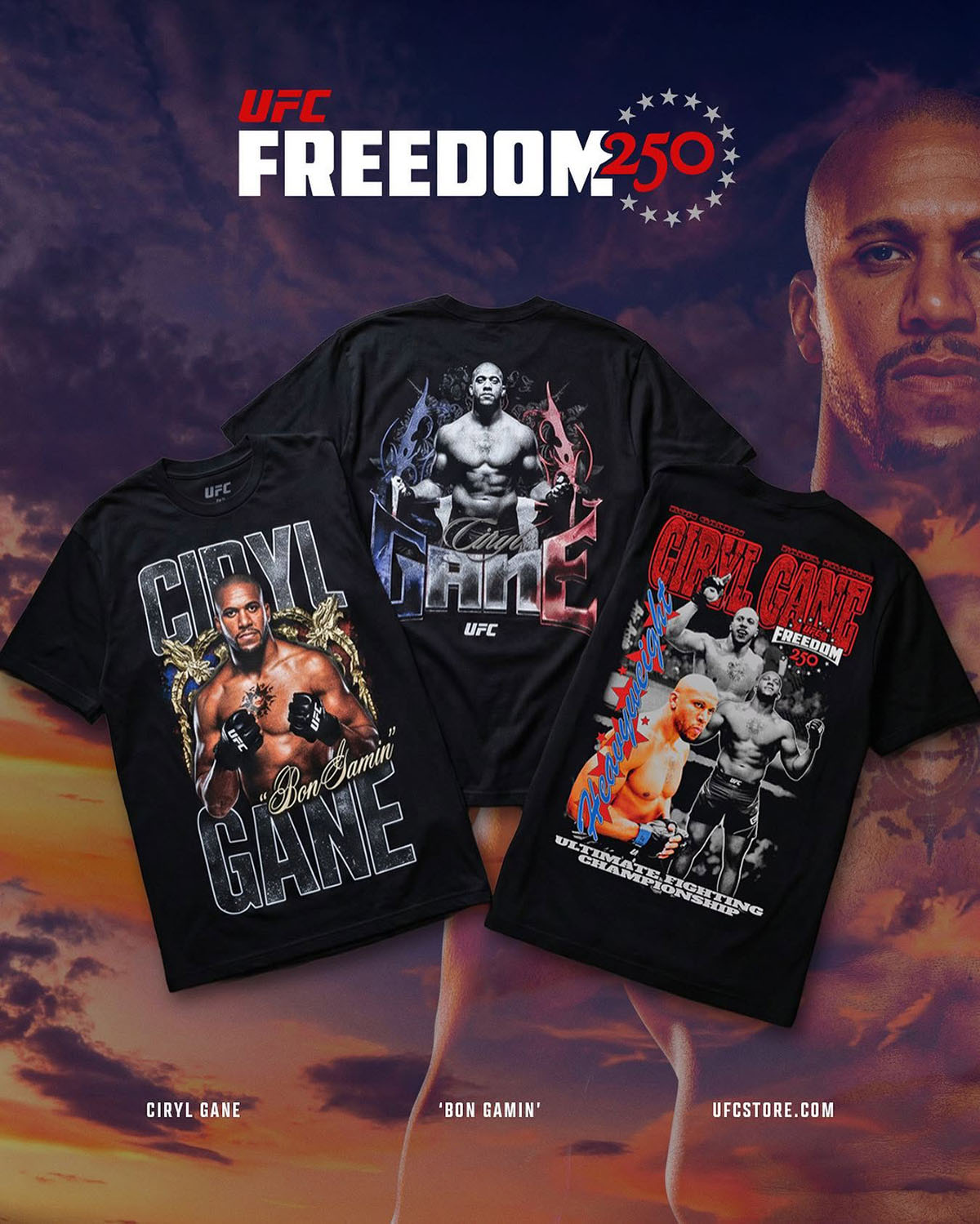 Ciryl Gane UFC Freedom 250 Apparel Collection featuring Bon Gamin graphic T-shirts and fighter merchandise