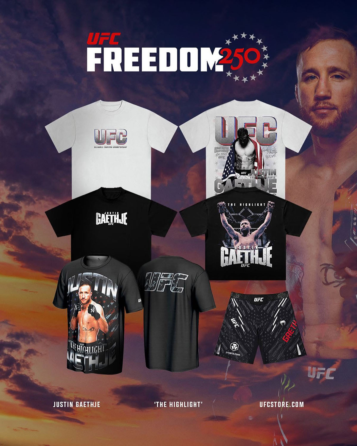 Justin Gaethje UFC Freedom 250 Apparel Collection Including Shirts and Fight Shorts