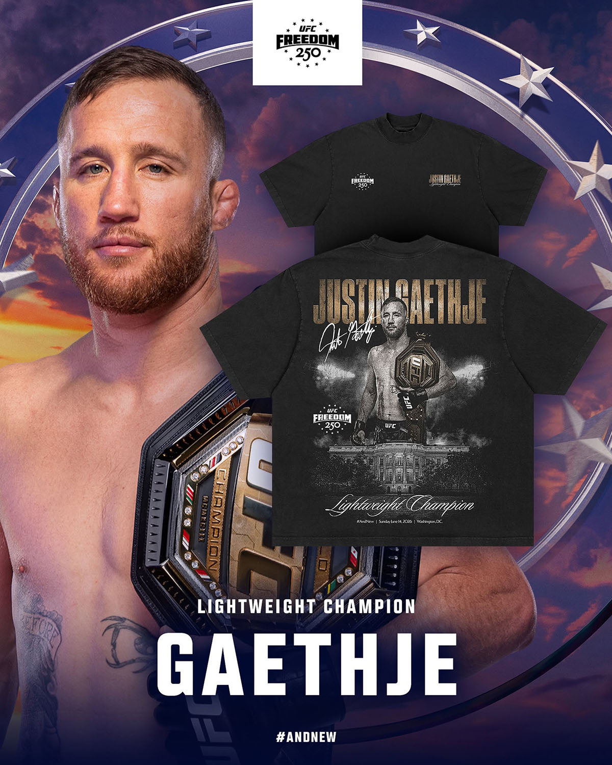 Justin Gaethje UFC Freedom 250 And New Men's Lightweight Champion Boxy T-Shirt celebrating Gaethje's lightweight title win over Ilia Topuria