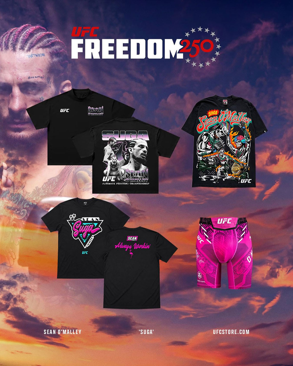 Sean O'Malley UFC Freedom 250 Apparel Collection Including Shirts and Fight Shorts