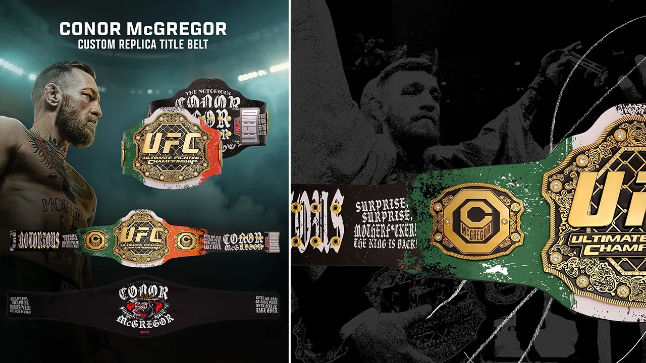 Collage featuring Conor McGregor alongside the UFC 329 Classic Signature Replica Belt with multiple product views and close-up details.
