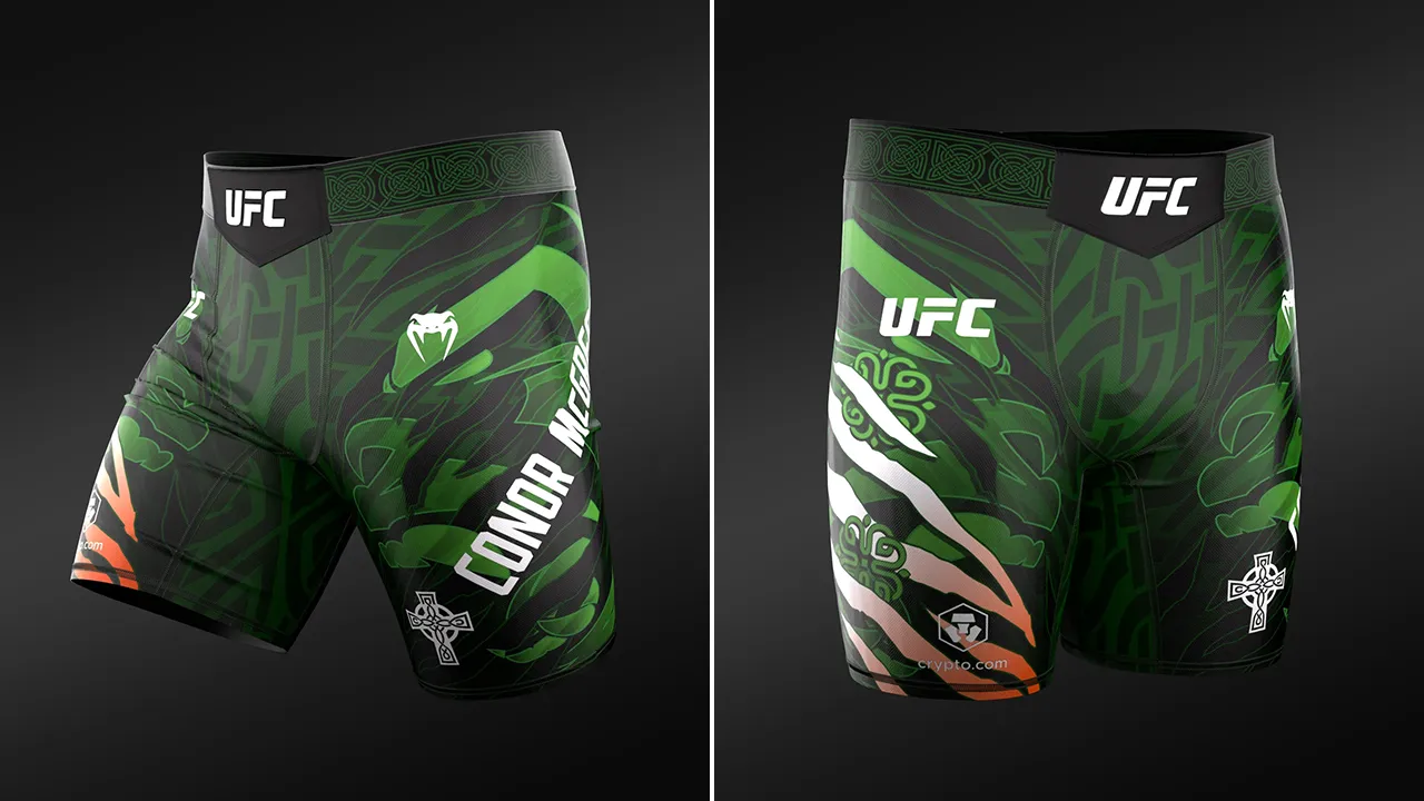 Official Conor McGregor UFC Unrivaled by Venum Vale Tudo Fight Shorts shown in front and angled views for the UFC 329 apparel collection.