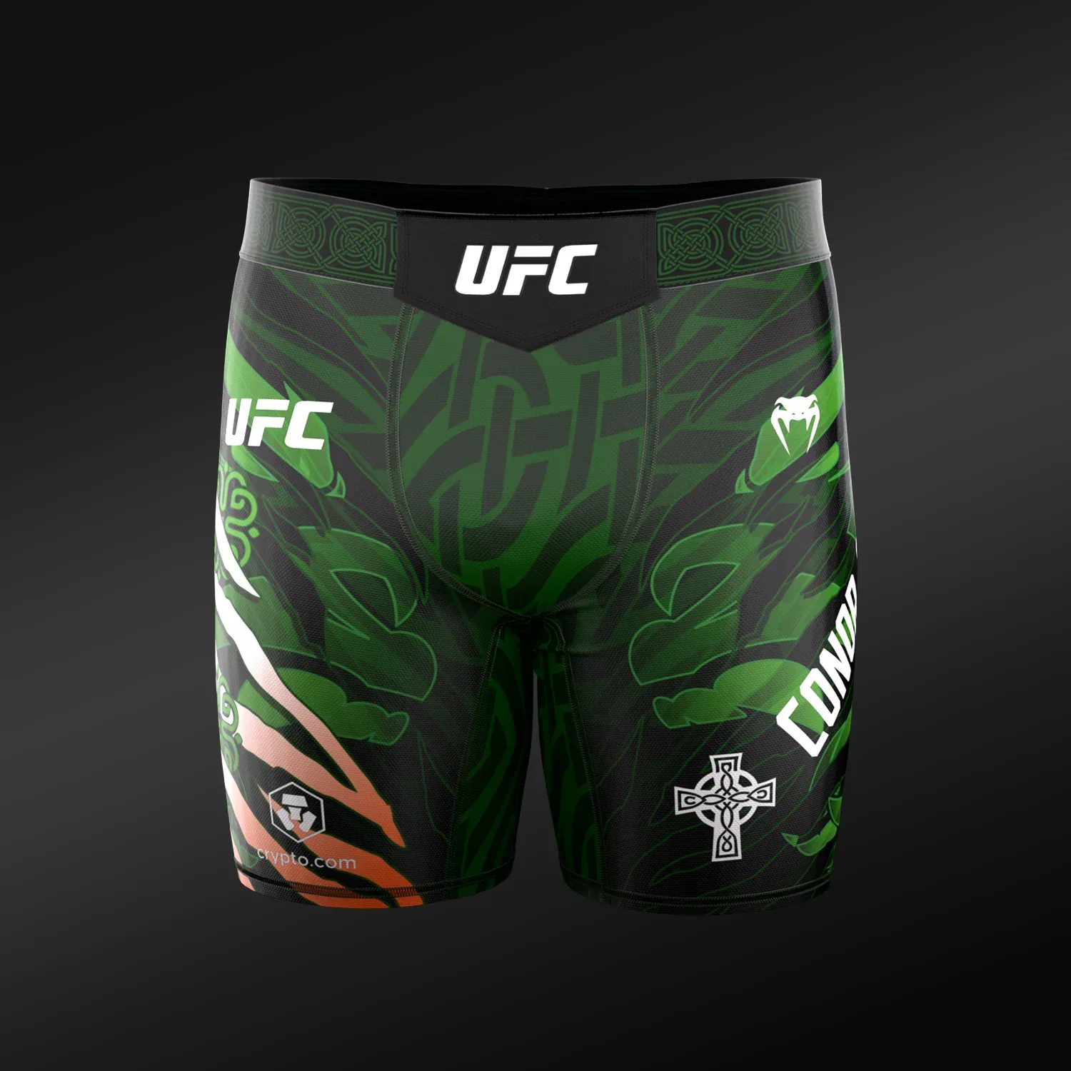 Front view of the Conor McGregor UFC Unrivaled by Venum Vale Tudo Fight Shorts for UFC 329.