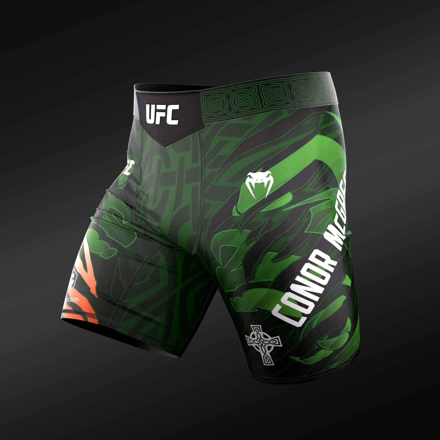 Left side view of the Conor McGregor UFC Unrivaled by Venum Vale Tudo Fight Shorts featuring green graphics and signature McGregor branding.