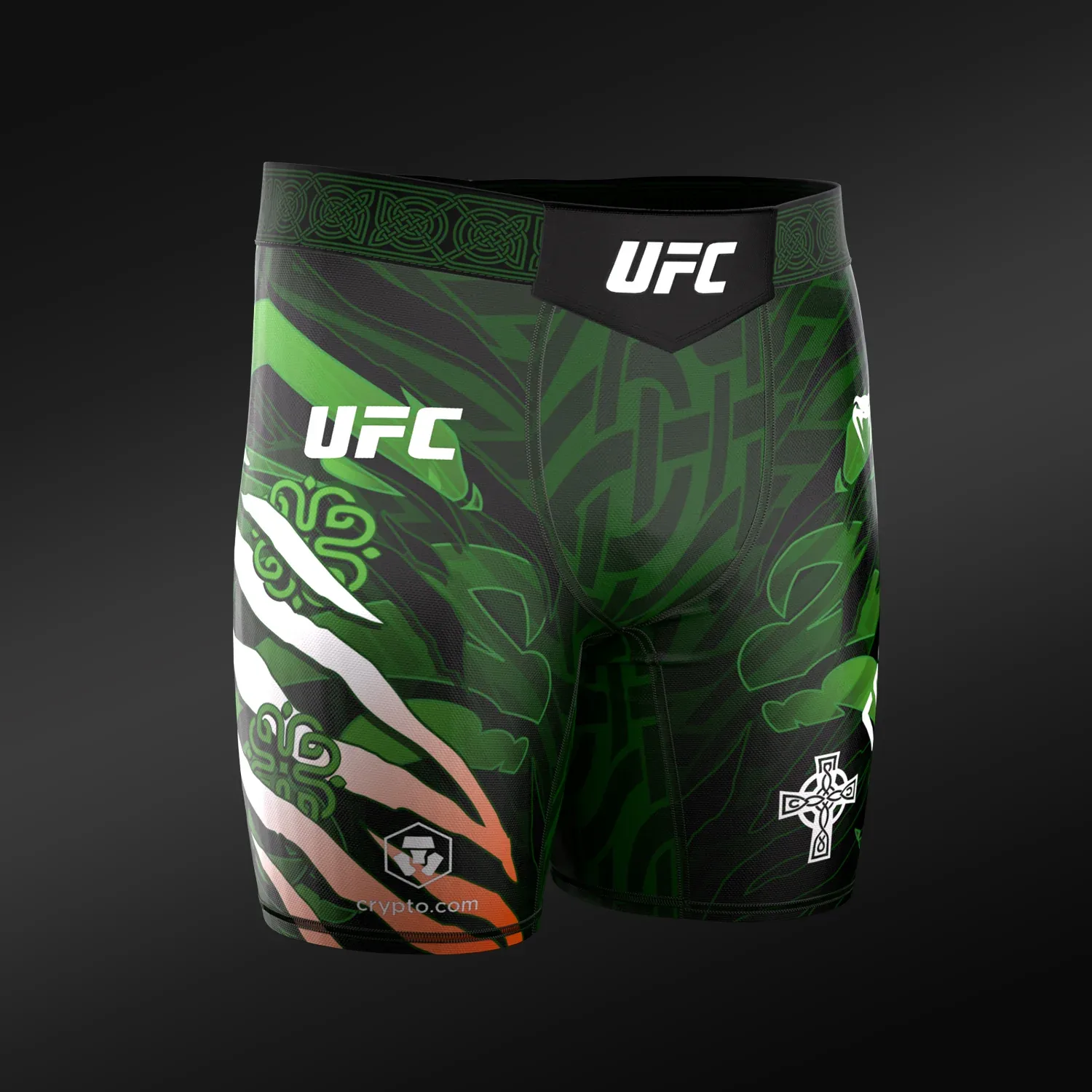 Right side view of the Conor McGregor UFC Unrivaled by Venum Vale Tudo Fight Shorts with green graphics and UFC branding.