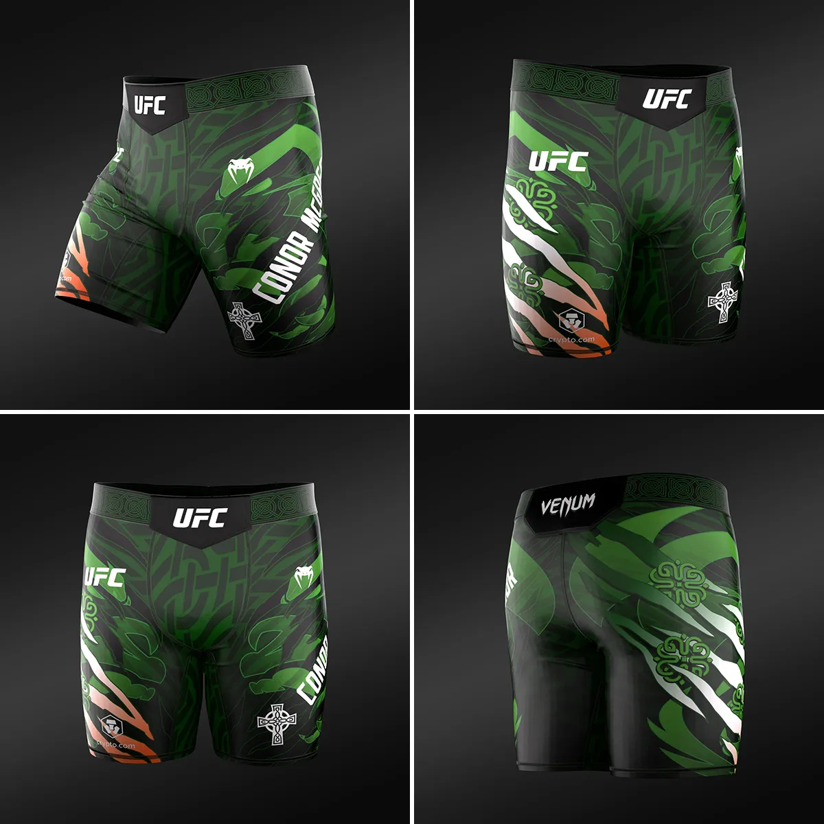 Official Conor McGregor UFC Unrivaled by Venum Vale Tudo Fight Shorts shown from multiple angles for UFC 329.