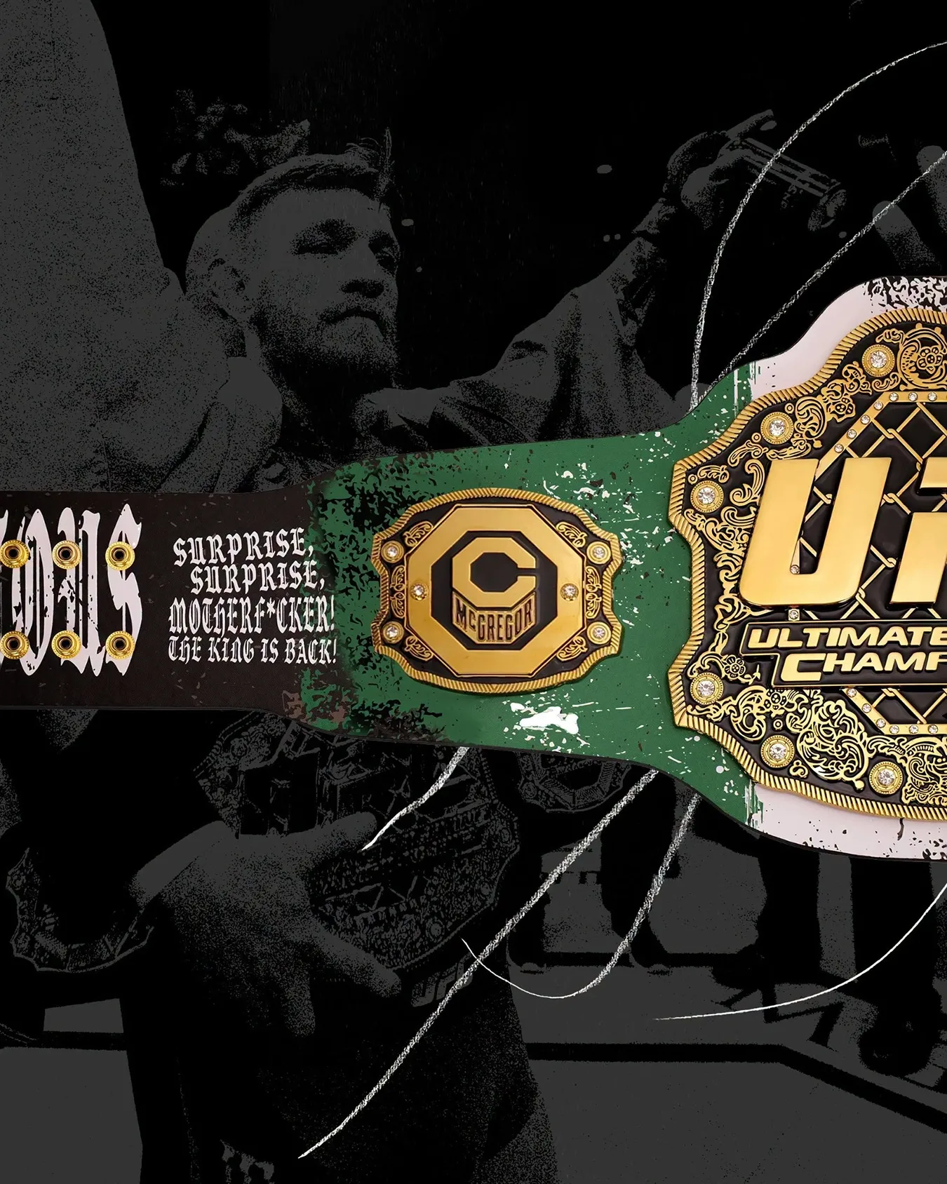 Close-up of the Conor McGregor UFC 329 Classic Signature Replica Belt featuring custom side plate and signature graphics.
