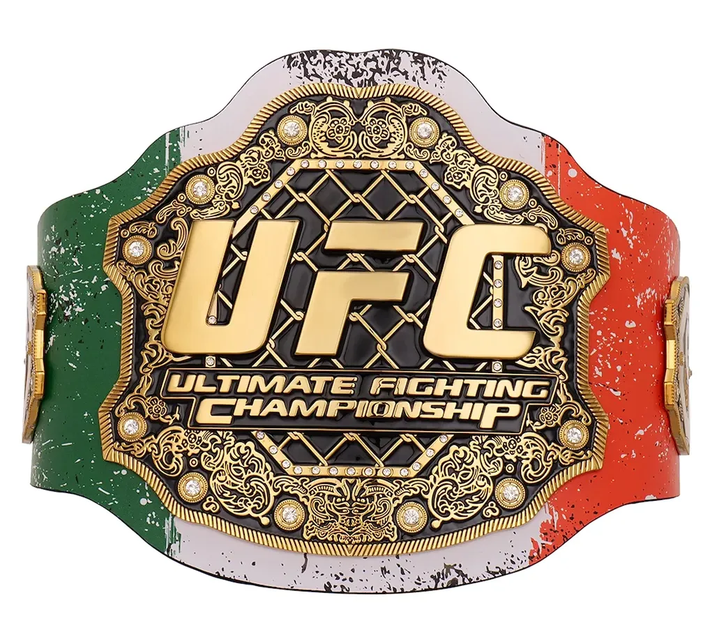 Front view of the Conor McGregor UFC 329 Classic Signature Replica Belt with Irish flag-inspired design.