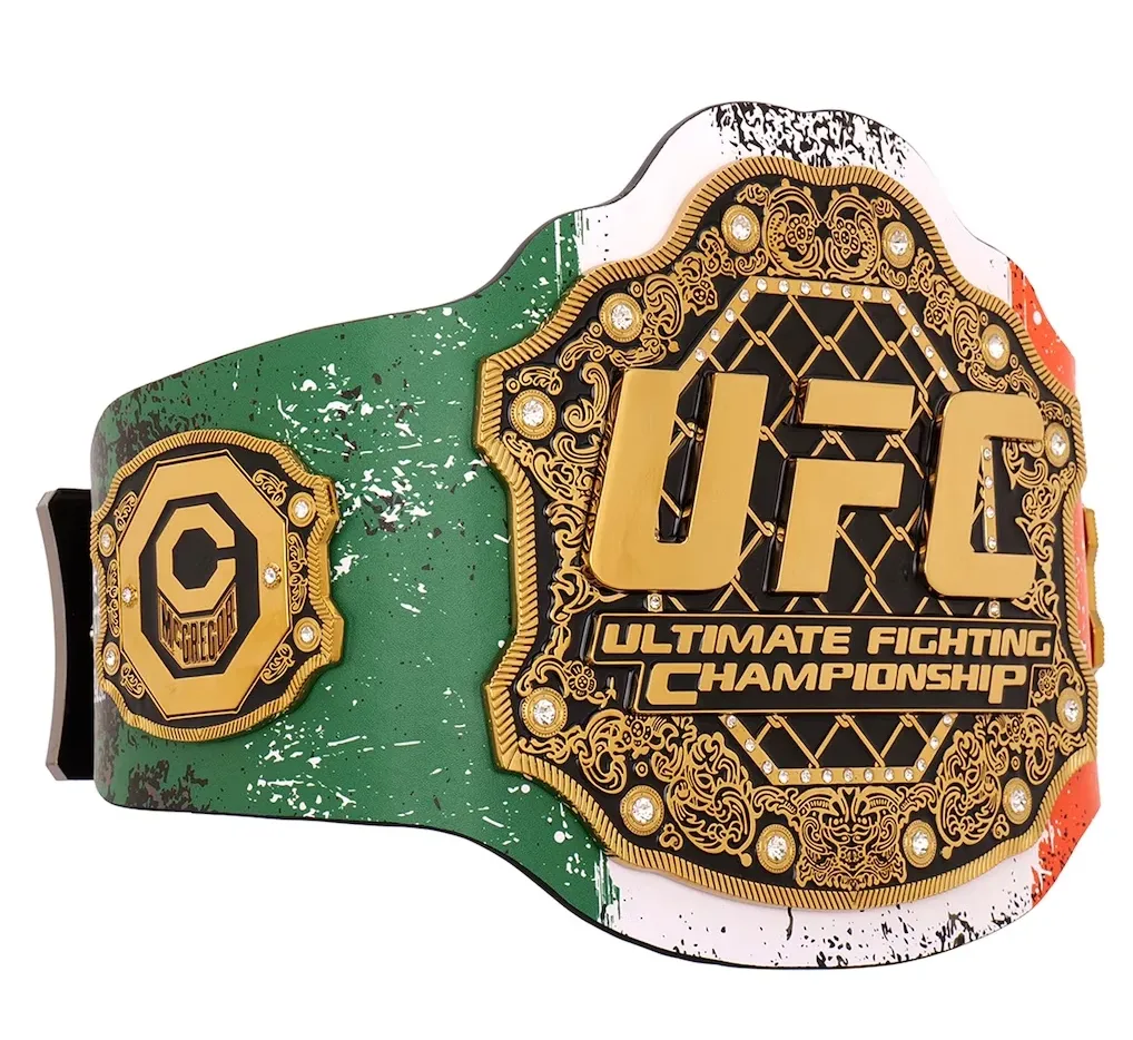 Left-side angle of the Conor McGregor UFC 329 Classic Signature Replica Belt showing the custom McGregor side plate.