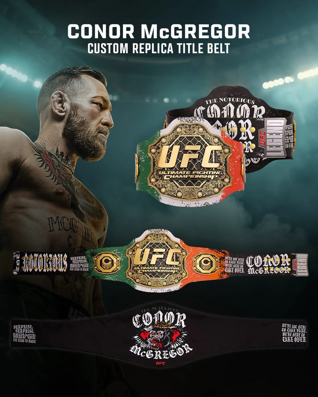 Conor McGregor posing beside the UFC 329 Classic Signature Replica Belt with front and back views displayed.