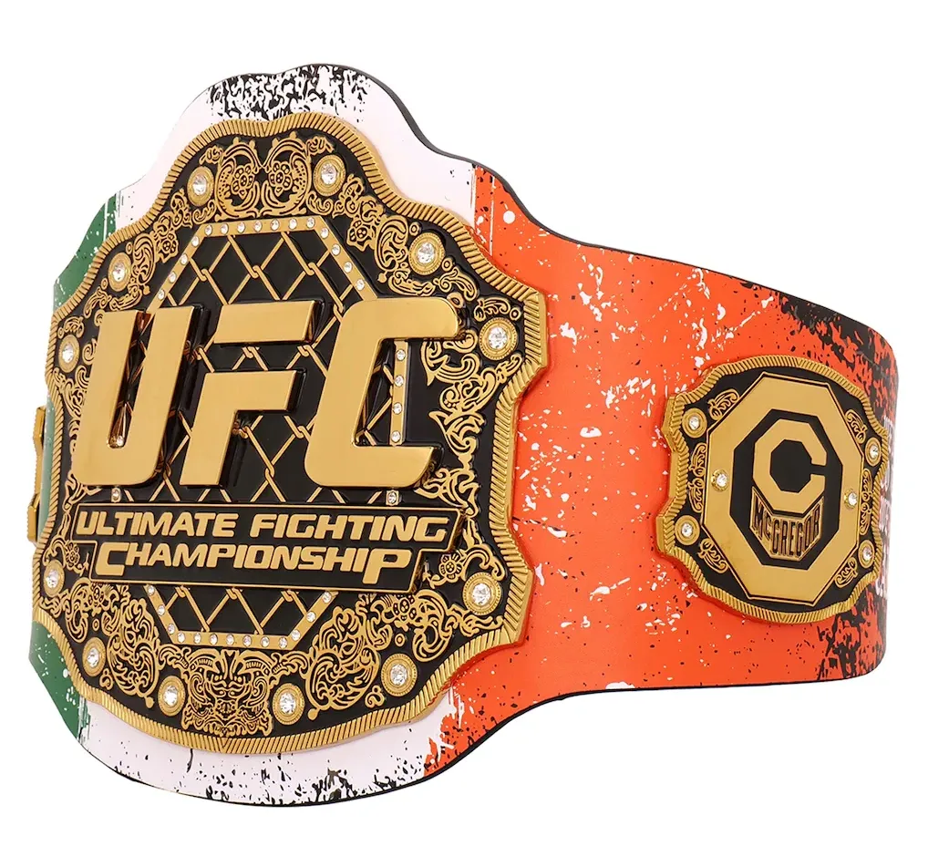 Right-side angle of the Conor McGregor UFC 329 Classic Signature Replica Belt featuring custom artwork and side plate.
