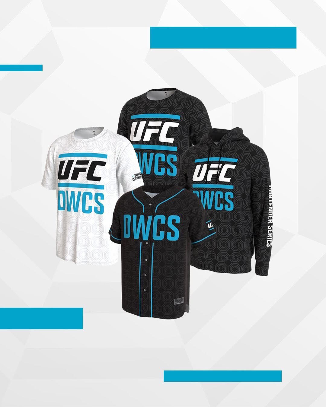 Dana White’s Contender Series Season 10 apparel collection featuring UFC DWCS T-shirts, hoodie and baseball jersey.