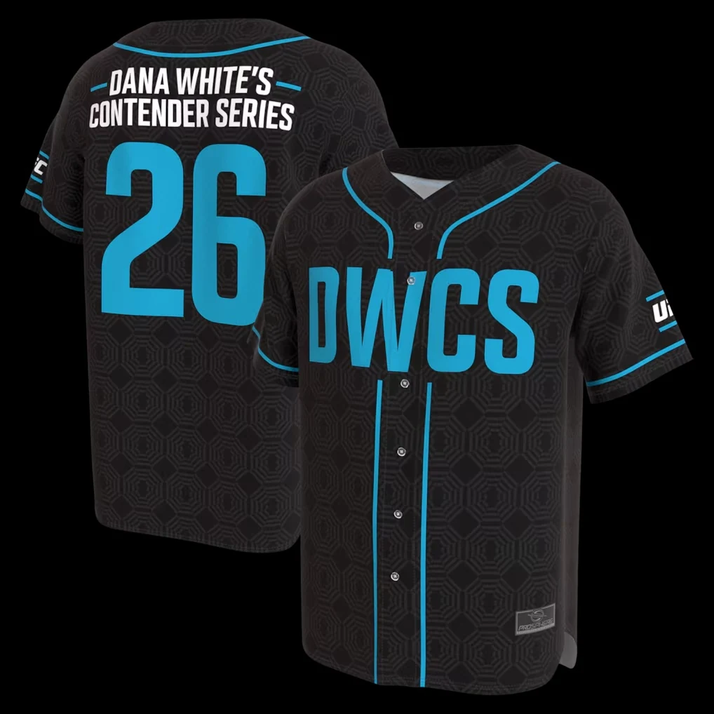 Black ProSphere Dana White’s Contender Series baseball jersey with blue DWCS graphics and number 26.