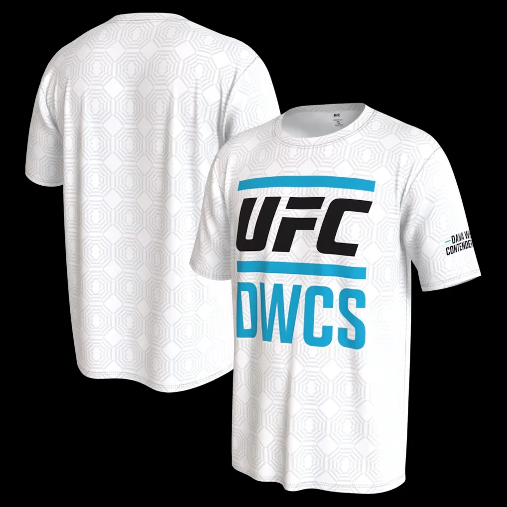 White ProSphere Dana White’s Contender Series T-shirt with UFC and blue DWCS graphics.