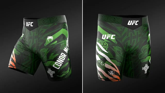 Official Conor McGregor UFC Unrivaled by Venum Vale Tudo Fight Shorts shown in front and angled views for the UFC 329 apparel collection.