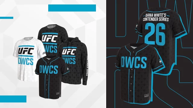 UFC DWCS Season 10 apparel collection with Dana White’s Contender Series T-shirts, hoodie and black baseball jersey.